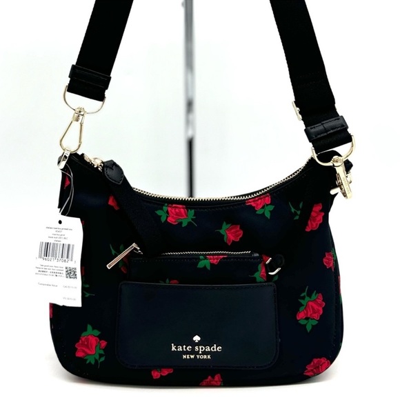 Kate Spade Chelsea Rose Toss Crossbody Bag & Coin Purse Black Multi Rose - Picture 2 of 12